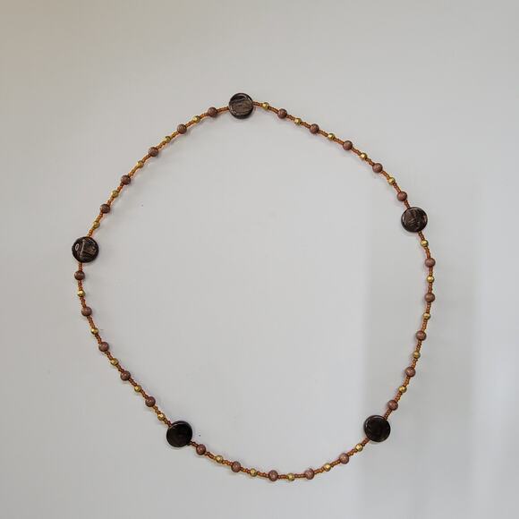 Brown and Gold Beaded Necklace with Round Accents Boho Earthy Seed Bead Jewelry - Picture 1 of 10